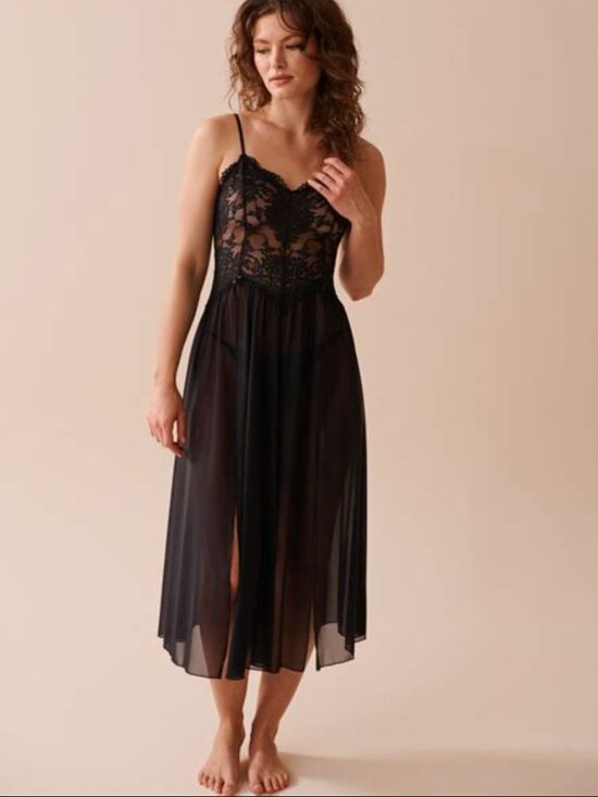 La Vie En Rose Other - La Vie En Rose Black Lace Bodice Sheer Midi Slip